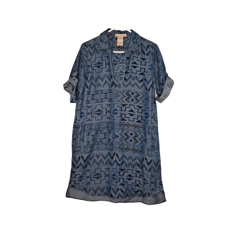 Philosophy Tribal Print Denim Style Short Sleeve Dress Aztec Blue Small
